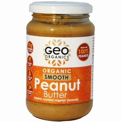 Image of Geo Organics Smooth Peanut Butter 350g Jar (1pk) Made with 100% Organic Roasted Peanuts Natural, No Palm Oil, Added Sugar, Salt, Hi Oleic Peanuts, High Protein, Gluten Free, Vegan, Dairy Free