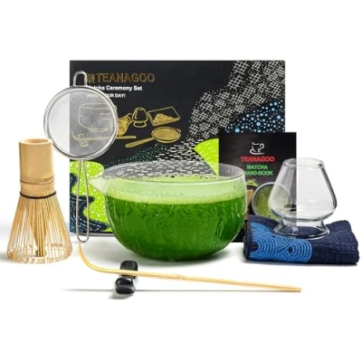 Image of TEANAGOO Japanese Matcha Whisk (7pcs)Matcha Set Mtacha Kit Bowl with Pouring Spout Bamboo (chasen) Scoop (chashaku) Holder. N21, Clear Glass, Green Tea Powder…