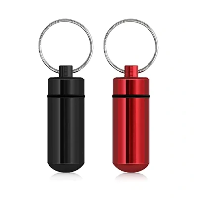 Image of kwmobile Key Ring Pill Cases (Pack of 2) Metal Keychain Mini Case Holders Keyring Chain Portable Pills Container Black/Red