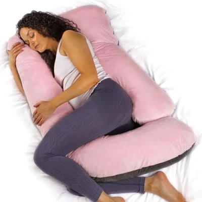 Image of Aamira Pink &amp; Dark Grey Pregnancy Pillow, 140x70x20cm J Shaped Shredded Memory Foam Maternity Full Body Support Pillows for Sleeping, Machine Washable Removable Velvet Cover