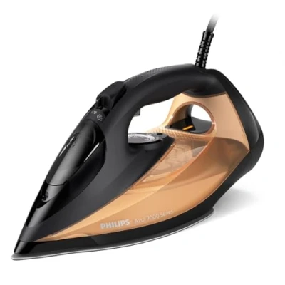 Image of Philips 7000 Series Steam Iron, Powerful 2800W, 50g/min Steam, 250g Boost, SteamGlide Elite Soleplate for Smooth Gliding, Black/Gold (DST7040/80)