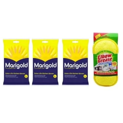Image of MM Marigold Extra Life Large Gloves Pack of 3 + Free Elbow Grease Scrubbing Pad Durable Kitchen Cleaning Solution