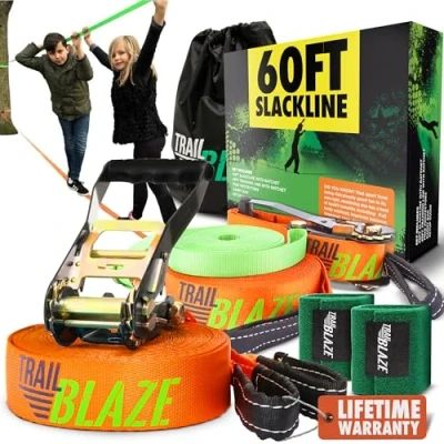 Image of Slackline Beginner Complete Kit Training Strap Tree Protectors Carry Bag Latest Ergonomic Ratchet and Handle Technology Perfect Outdoor Fun Activity