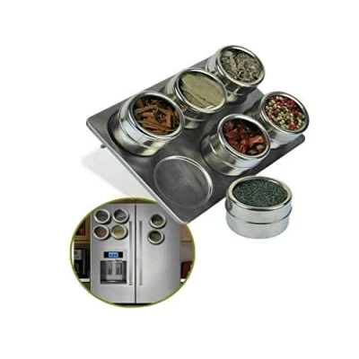 Image of Mantraraj 6 Pc Magnetic Herb Spice Home Kitchen Rack Tin Jar with Holder Stand Stainless Steel and Portable Jars Storage Containers Set Seasoning Creative Wall Mount