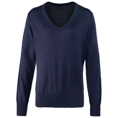 Image of Premier Womens/Ladies Knitted Cotton Acrylic V Neck Sweatshirt (Navy) Size 18 UK