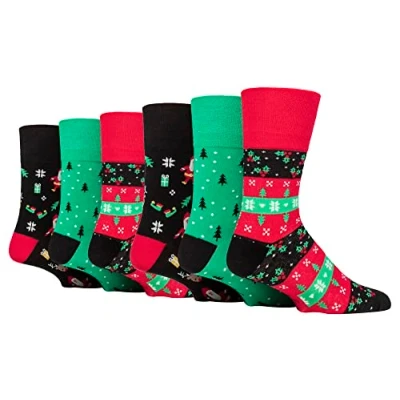 Image of Gentle Grip 6 Pairs Mens Christmas Socks Novelty Pattern Xmas Gift (6 11, Red/Green/Black)