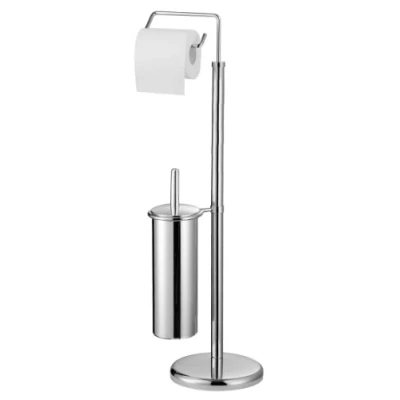 Image of Premier Housewares Brush Holder Freestanding Toilet Roll Coloured Chrome Holders Free Standing Brushes and Sets, Silver, Height 75 cm x Width 19 Depth