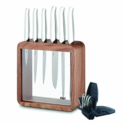 Image of Furi Pro Vault Knife Block Set 8 pc, Compact with six Premium Knives and Sharpener for a Superior Cutting Performance, Stainless Steel Blades, Ergonomic Reverse Wedge, Anti Fatigue Handle