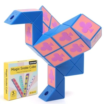 Image of ECHOCUBE Magic Snake Cube with Poker Themed, 36 Blocks Speed Party Bag Fillers for Kids, Twist Puzzle Toys Educational Fidget Favours (Blue)