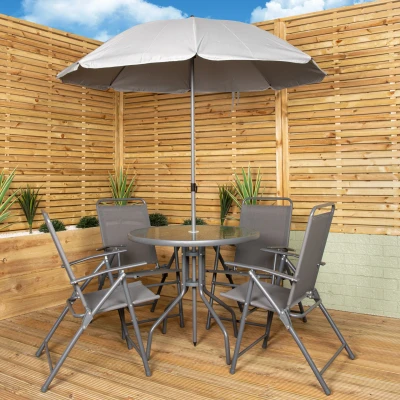 Image of Samuel Alexander Outdoor 4 Seater Round Glass Top Table and Chairs Patio Set with Parasol in Grey