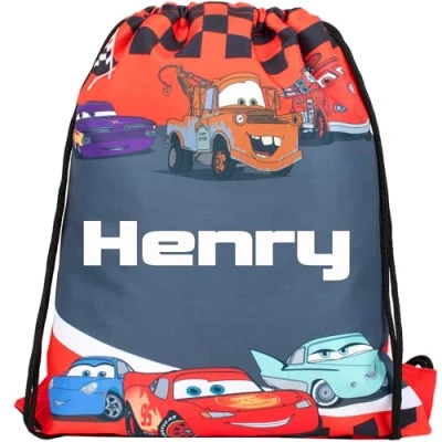 Image of Disney Cars Personalised Drawstring Bag For Kids PE School or Swimming Boys Merchandise Boy Red