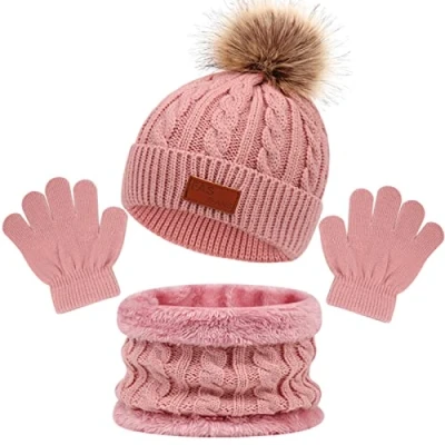 Image of 3Pcs Kids Winter Beanie Hat Scarf Gloves Set for 1 5 Years Old Boys Girls. Accessories Sets Children Outdoor Sports, Knit Thick Warm Fleece Lined Thermal (Pink)