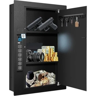 Image of Biometric Wall Safe, Hidden Fingerprint Security In Safe Between Studs, Upgraded Biometric/Keypad/Key Access, Secure Handgun, Documents, Jewelry, Valuables