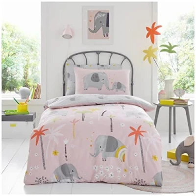 Image of GC GAVENO CAVAILIA Luxury Elephant Printed Single Duvet Cover Set Kids, Super Soft Floral Reversible With Pillowcase, Easycare Kids Bedding Set, Blush Pink