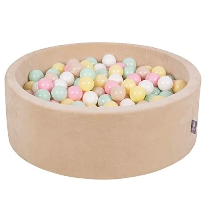 Image of KiddyMoon Soft Ball Pit Round 90X30cm/300 Balls ∅ 7Cm/2.75In For Kids, Foam Velvet Pool Baby Playballs, Sand Beige:Pastel Beige/Pastel Yellow/White/Mint/Light Pink