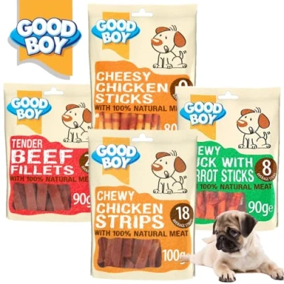 Image of Pulla Dog Treat Good Boy 4 Pack Variety, Chewy Chicken Strips, Beef Fillet, Cheesy Sticks, &amp; Sweet Potato.