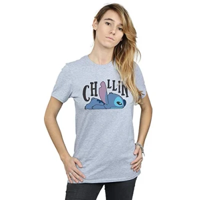 Image of Disney Women&#039;s Lilo and Stitch Chillin Boyfriend Fit T Shirt Sport Grey Large