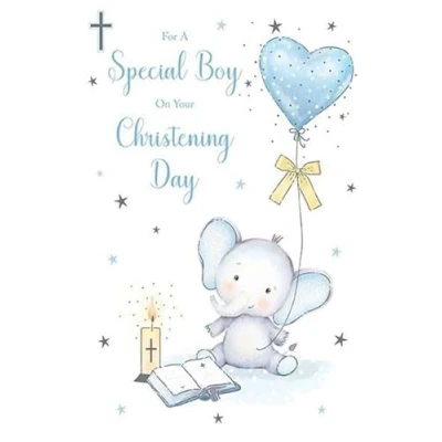 Image of Paper Rose Christening Congratulations Card for Boys Baby Elephant and Balloon with Foil Details Eco Friendly Recyclable