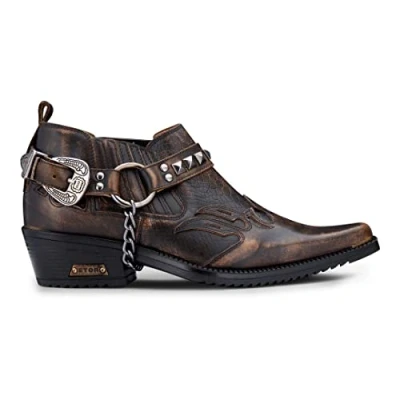 Image of Mens Real Leather Cowboy Shoes Wincklepickers Heel Metal Belt Western Pattern Brown 8