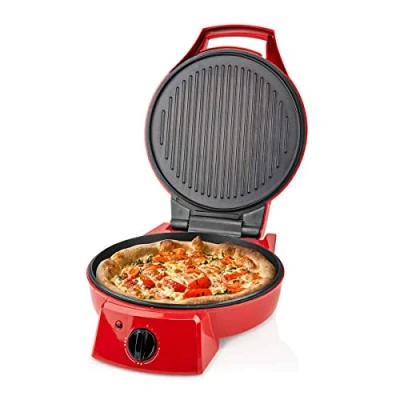 Image of Ex Pro 12&quot; Electric Pizza Maker &amp; Table Top Grill, Indoor Portable Oven with Non Stick Plates, 3 Heat Settings Max 230C Retro Red