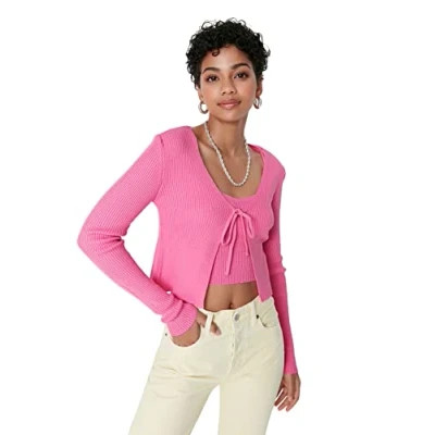 Image of Trendyol FeMan Slim fit Basic Scoop Neck Knitwear Cardigan Rosa