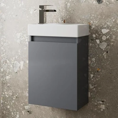 Image of Artis 400mm Bathroom Vanity Unit With Wash Basin Ceramic Sink, Single Door, Cloakroom Storage Furniture Under Cabinet, Wall Hung Cabinets, Grey Gloss