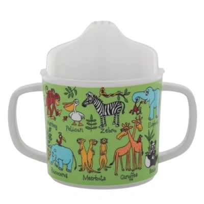 Image of Tyrrell Katz Two Handled Sippy Cup for Toddlers, Free Flow (No Valve), Removable Lid Transition to Open Beaker, Anti Slip Base, BPA Free, Detailed Jungle Illustrations