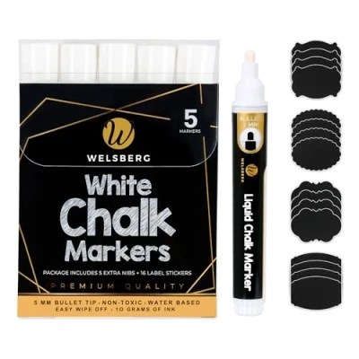 Image of welsberg 5 White Liquid Chalk Markers with Jumbo Ink, 16 Labels and extra nibs, Dry or Wet Erase Pens for Blackboards, Whiteboards, Windows, Glass, mm Reversible Tip