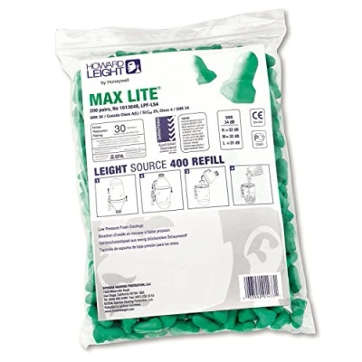 Image of Honeywell Howard Leight 1013048 Max Lite Single Use Foam Earplugs Refill Pack, SNR 34, Green Colour, T Shaped, Uncorded (Refill Zip Top Bag of 200 Pairs)