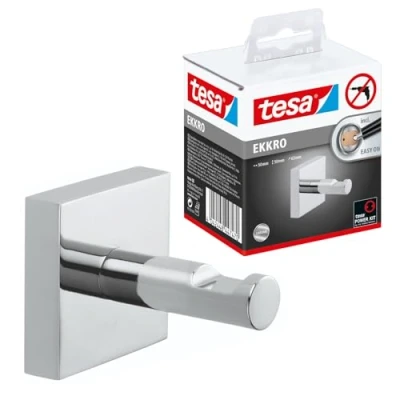 Image of tesa® Ekkro towel hook, high gloss chromed metal, self adhesive, adhesive mounting technology, 50mm x 63mm