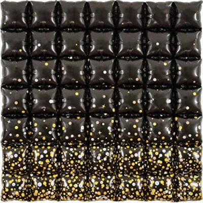 Image of Oaktree 36&quot; Sparkling Fizz Holographic Black Gold 7x7 Waffle Foil Balloon Packaged