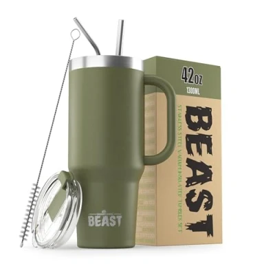 Image of Beast Tumbler 1300 ml (42 oz), Army Green Reusable Stainless Steel, Vacuum Insulated Cup with + 2 Straws &amp; Cleaning Brush Double Wall Travel Flask Perfect for Hot or Iced Coffee BPA Free