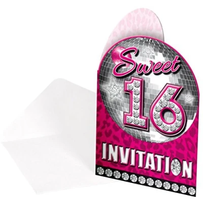 Image of Sweet 16th Party Invitations 8pk, Glitter Ball Design Black and Pink with Envelopes