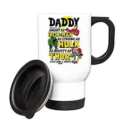 Image of Personalised You’re My Favourite Hero Daddy Gift from Son/Daughter Any Name Fathers Day, Birthday, Godfather, Silver/White Insulated Travel Tea/Coffee Mug. (White)