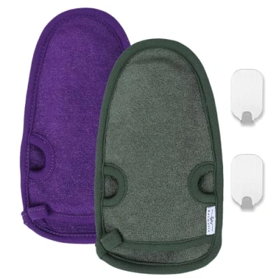 Image of Belmalia 2x Natural Plant Fibre Exfoliating Mitt Body Scrubber Glove, Dead Skin Remover for Rejuvenating Bath Sponge Hamam, Spa Scrub Mitts with 2 Metal Hooks Purple + Green