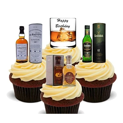Image of Made4You Happy Birthday, Whisky Lover Edible Cake Decorations Stand up Wafer Cupcake Toppers (Pack of 12)
