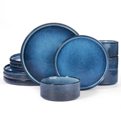Image of Richmount Star Plates and Bowls Set, 12 Pieces Dinner Set for 4, Stoneware Dinnerware Sets with Plates/Salad Plates/Cereal Bowls, Dishwasher &amp; Microwave Safe, NebulasBlue