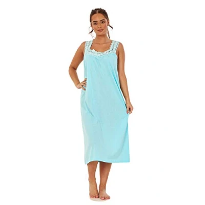 Image of Apparel Ladies Plain Nightdress 100% Cotton V Neck lace Strap Long Nightwear M to 3XL Aqua