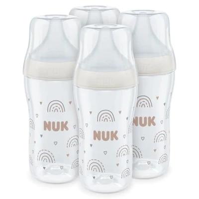 Image of NUK Perfect Match Baby Bottles Set 3+ Months Adapts to Baby&#039;s Palate Temperature Control Anti Colic Vent 260 ml BPA Free Medium Silicone Teat Rainbow 4 Count