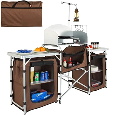 Image of VEVOR Camping Kitchen Table, Folding Outdoor Cooking Table with Storage Carrying Bag, Aluminum Cook Station 3 Cupboard &amp; Detachable Windscreen, Quick Set up for Picnics, BBQ, RV Traveling, Brown