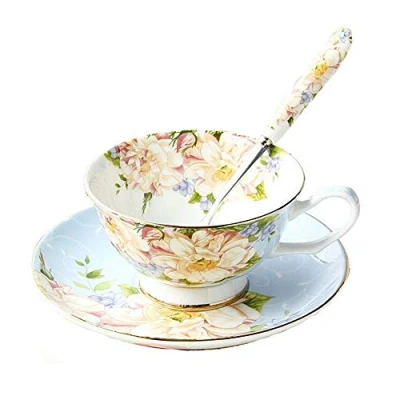 Image of Gift Set Vintage Fine Bone China Tea Cup Spoon and Saucer Gold Trim Dining Table Décor (Blue Rose)