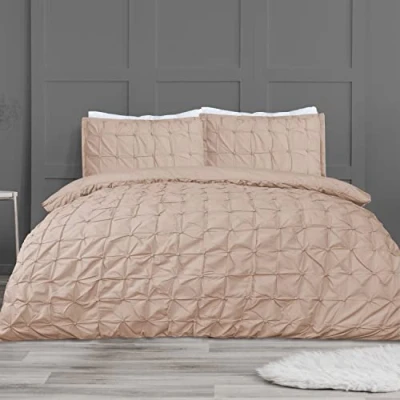 Image of Sleepdown Duvet Cover Set Blush Pink Rouched Pleats Geometric Pintuck Ruched Quilt Easy Care Bed Linen Soft Cosy Bedding Sets with Pillowcases Double (200 cm x 200 cm)