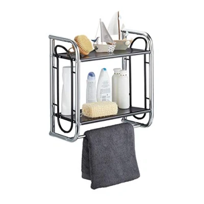Image of Relaxdays Wall Shelf for The Bathroom, Bath Towel Rail, Two Shelves, HWD 45.5x46x22 cm, Chrome &amp; Black