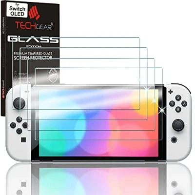 Image of TECHGEAR 4 Pack Switch OLED 7&quot; Glass Edition, Genuine Tempered Screen Protector [2.5D] [9H Hardness] [Crystal Clarity] [Scratch Resistant] [No Bubble] Compatible for Nintendo 2021