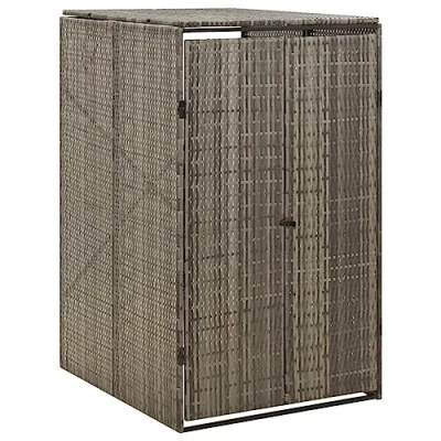 Image of vidaXL Single Wheelie Bin Shed in Grey, 70x80x117 cm, Made From Durable and Weather resistant Poly Rattan with Stable Powder coated Steel Frame