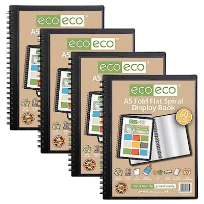 Image of eco A5 50% Recycled 60 Pocket Fold Flat Spiral Bound Display Book, Pack of 4, eco138x4