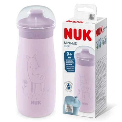 Image of NUK Mini Me Sip Toddler Cup 9+ Months 300 ml Stainless Steel Water Bottle For Kids Leak Proof Toughened Spout Shatter Lilac Deer