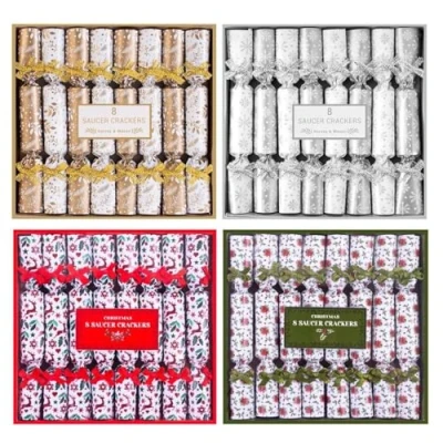 Image of YöL Pack of 32 Mini Saucer Christmas Crackers Afternoon Tea Breakfast Xmas Table Decor Floral Gold Silver Snowflake Red Green