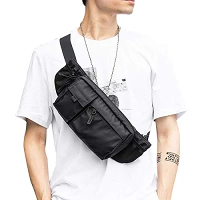 Image of Large Waterproof Black Waist Bag Fanny Pack for Men Women Belt Pouch Hip Bum Chest with Adjustable Strap, Premium Lightweight Gym Fitness Workout Travel Work Commuting