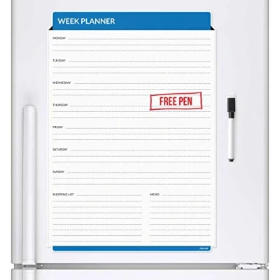 Image of CKB Ltd® Blue WEEKLY PLANNER Magnetic Fridge Board With Marker White &amp; Pen Drywipe Whiteboard Days of the WEEK Shopping List A3 Sized 7 DAY 1 FULL CHART